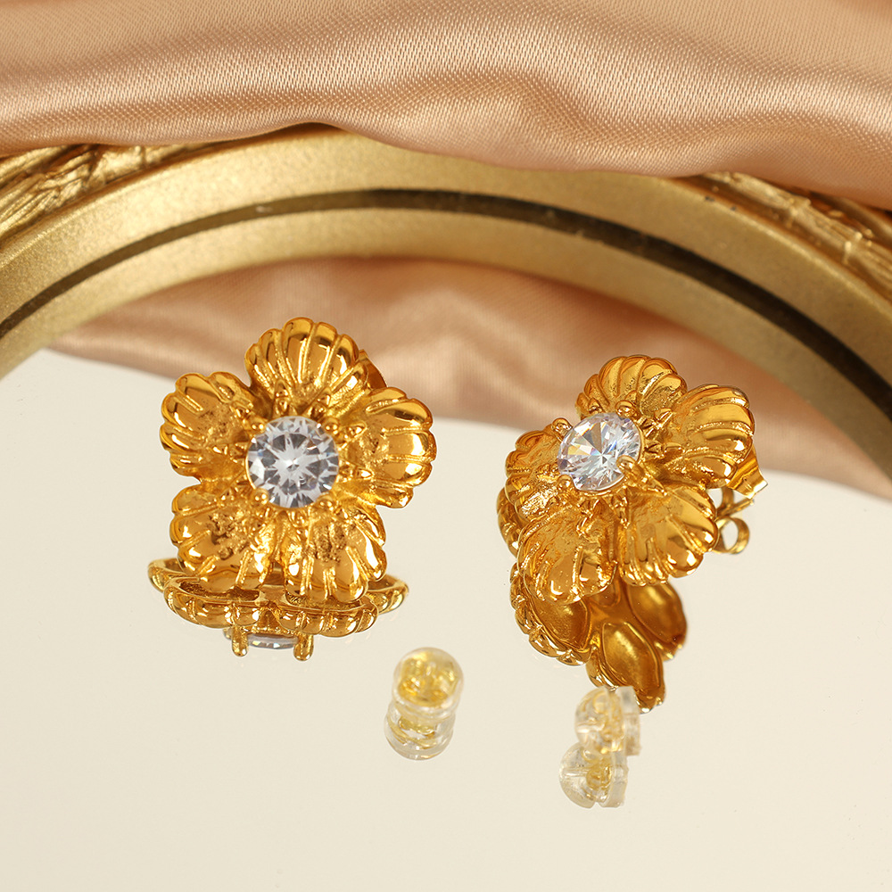 1 pair romantic series retro flower stainless steel  gold plated zircon women stud earrings Picture3