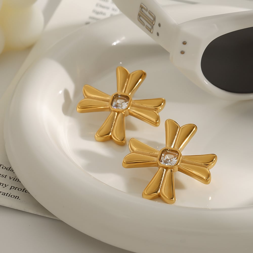 1 Pair Classic Series Exquisite Cross Shape Stainless Steel Gold Color Women's Stud Earrings Picture3