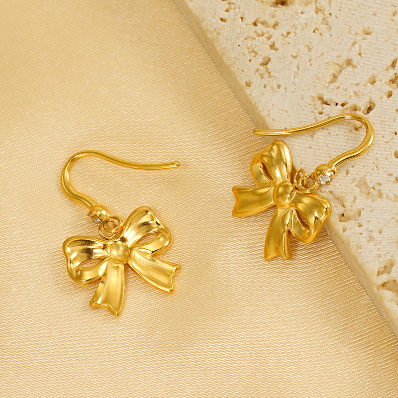 1 pair  fashionable style bowknot shape titanium steel  gold plated inlay artificial crystal women's drop earrings h5Picture3
