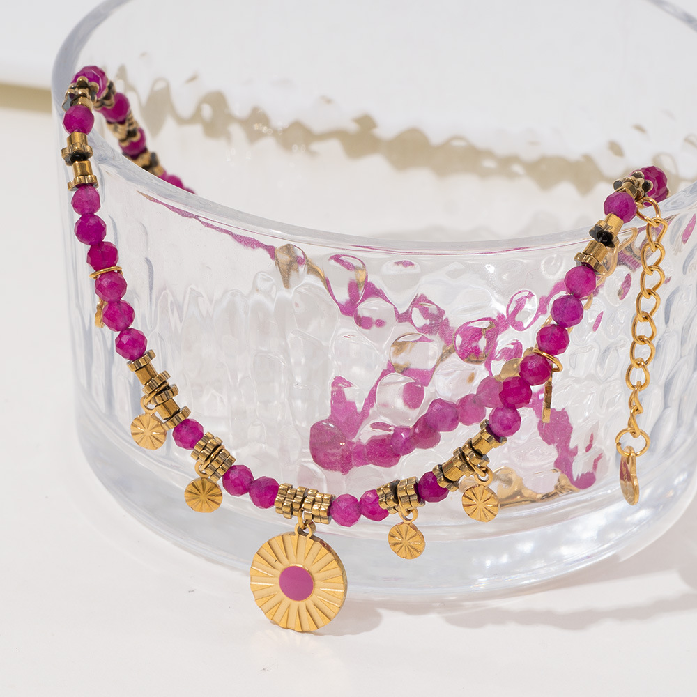 1 Piece Intricate Series Retro Circle Stainless Steel Gold Color Pink Natural Stone Women's Pendant Necklaces h5Picture4