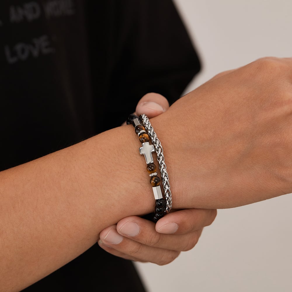 Pulseras de cuentas de acero inoxidable para hombre con cruz retro y ojo de tigre Imagen5