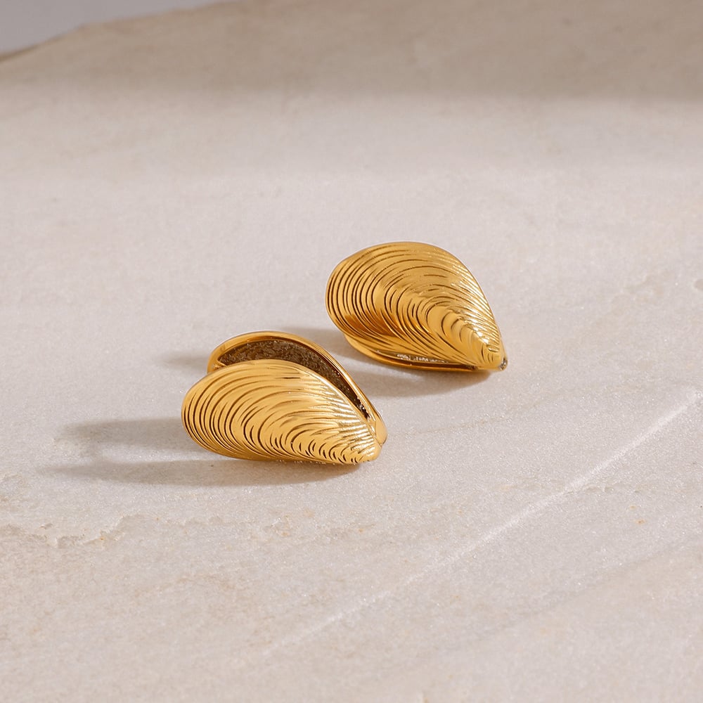 Clam Shell Stainless Steel Gold Color Stud Earrings h5Picture5