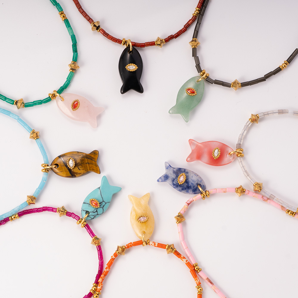 1 Piece Polychrome Series Vacation Fish Stainless Steel Gold Color Natural Stone Women's Beaded Necklaces h5Picture5