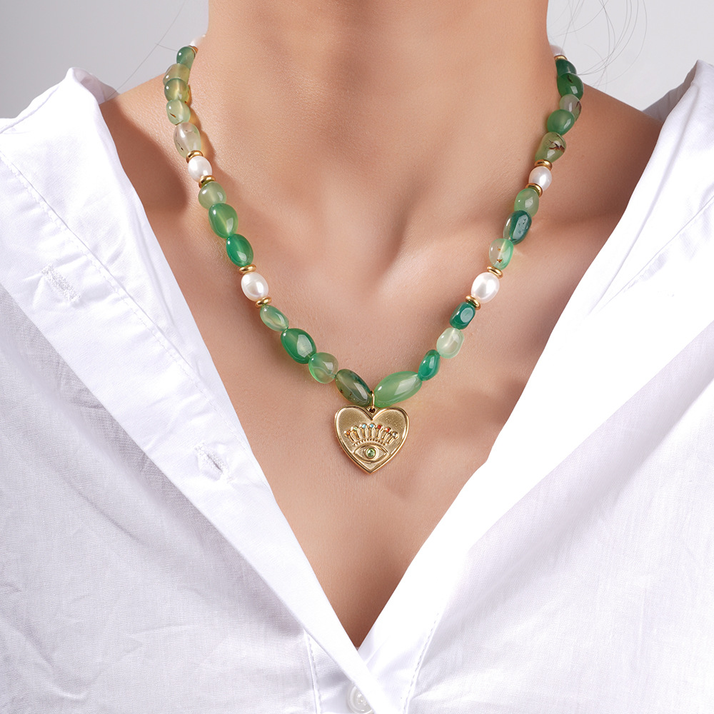 1 Piece Statement-making Series Natural Flower Stainless Steel Gold Color Green Natural Stone Women's Beaded Necklaces h5Picture5