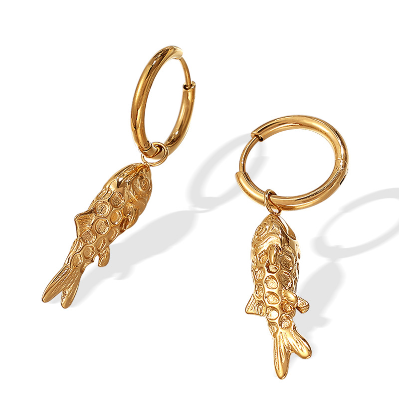 Retro Fish Stainless Steel Gold Color Drop Earrings h5Picture5