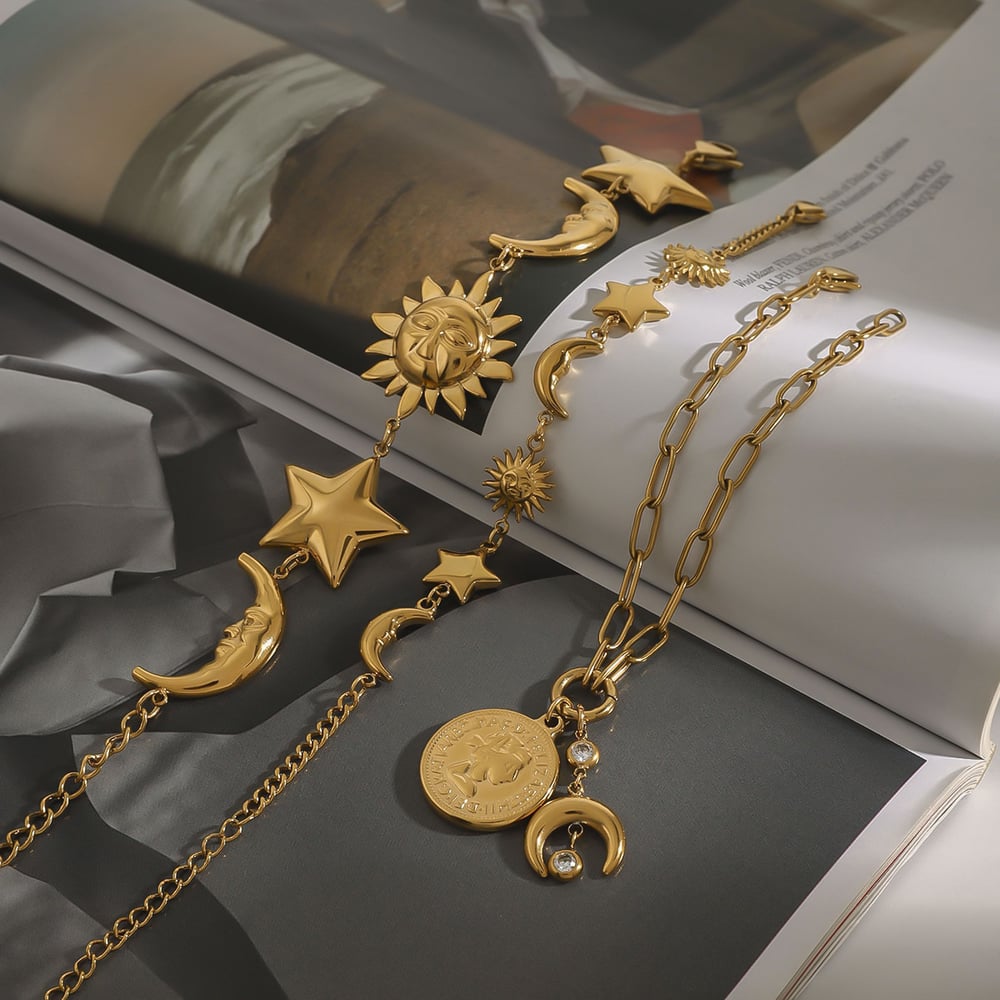 Retro Sun/Moon Stainless Steel Gold Color Women's Charm Bracelets h5Picture5