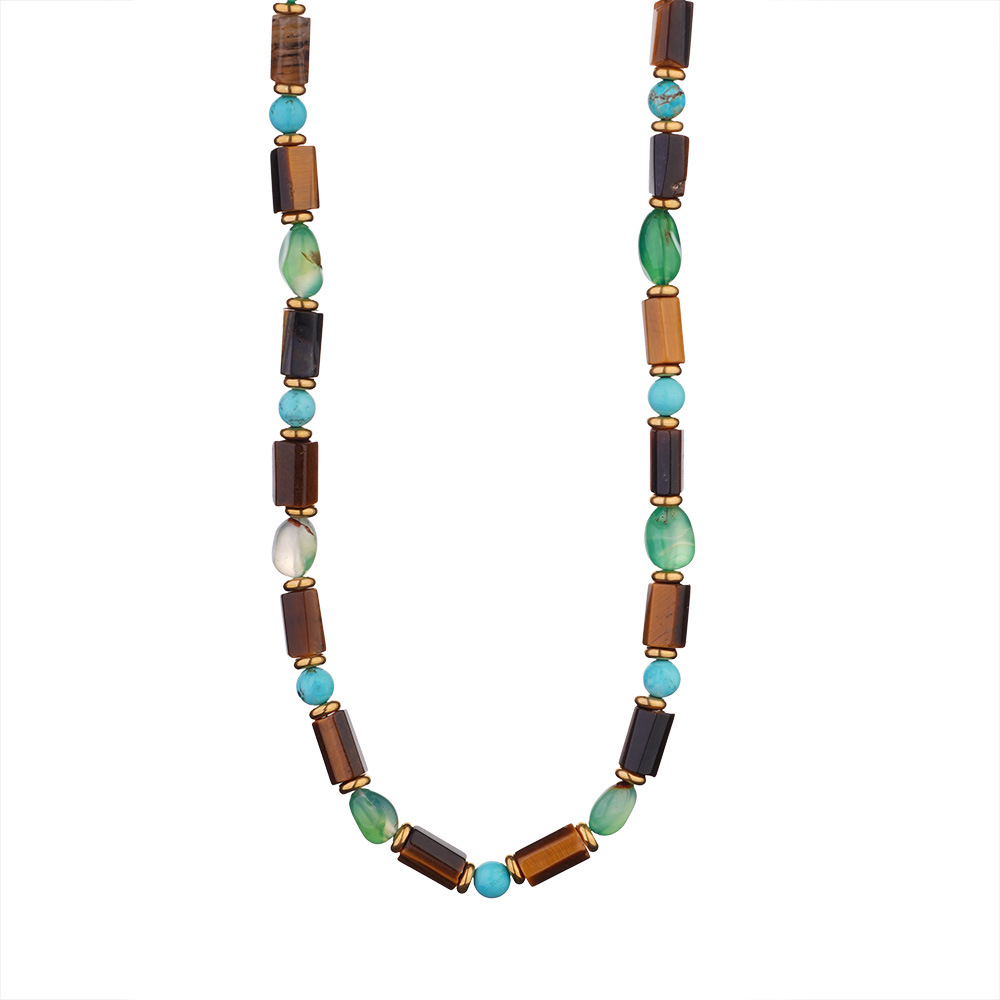 Classic Cross Stainless Steel Gold Color Natural Stone Women's Beaded Necklaces