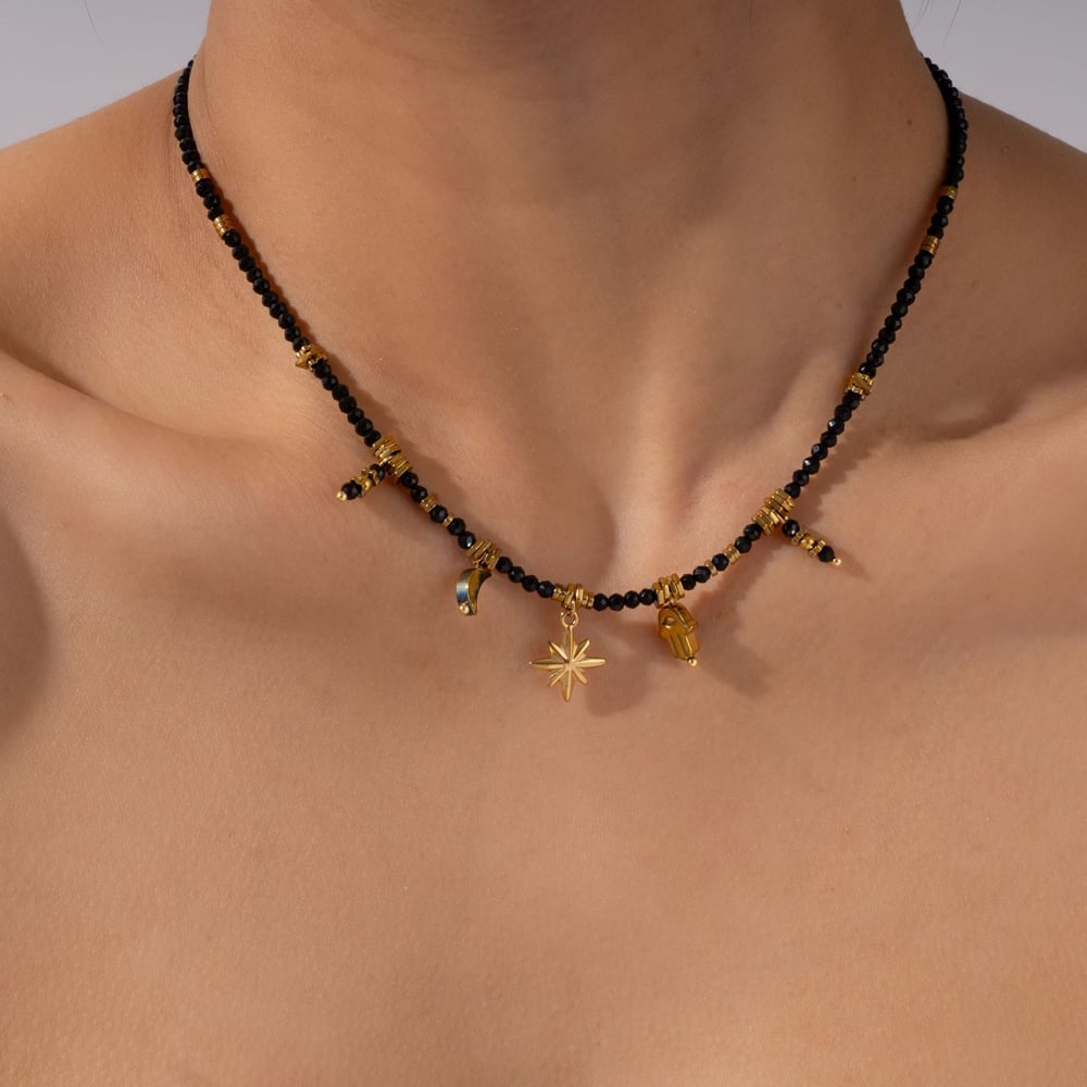 Black Spinel Moon Stainless Steel Women's Beaded Necklaces h5Picture4