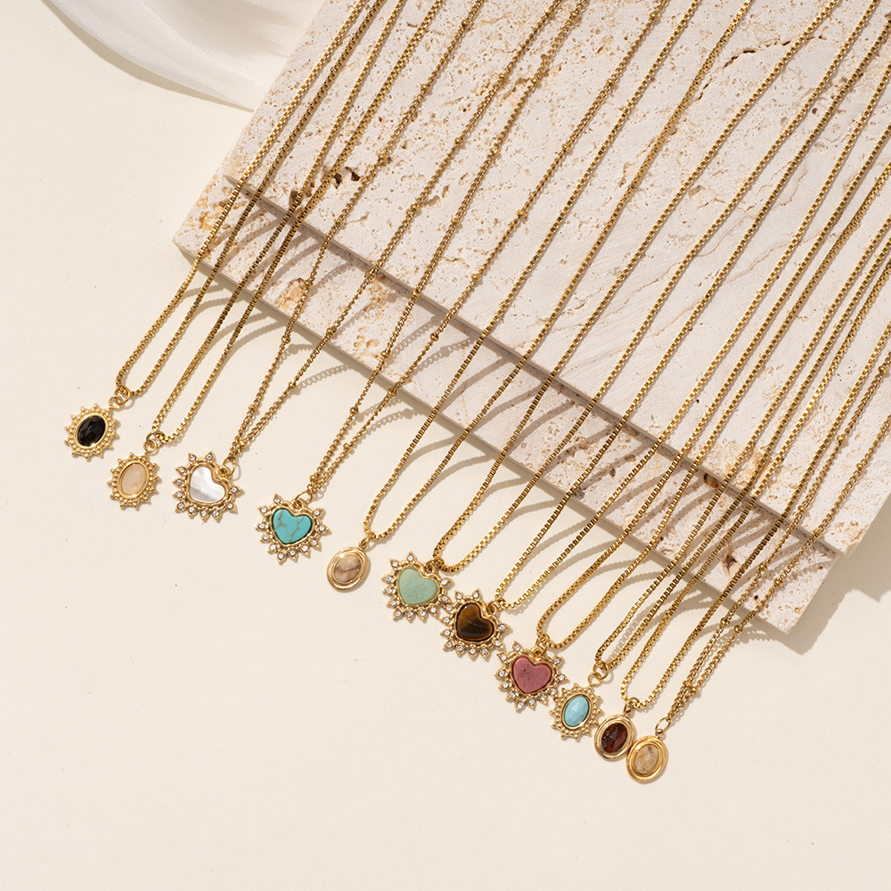 Radiant Heart Stainless Steel Gold Color Natural Stone Women's Pendant Necklaces Picture2