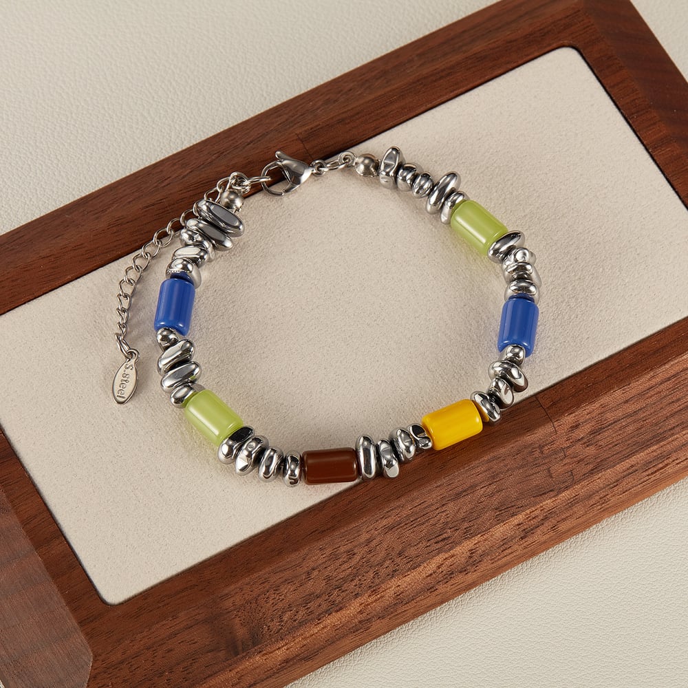 Renkli Silindir Paslanmaz Çelik Erkek Boncuklu Bileklikler Resim3