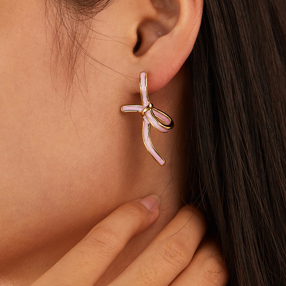 1 Pair Lovely Series Daily Pink Bow Knot Stainless Steel Gold Color Women's Stud Earrings h5Picture4
