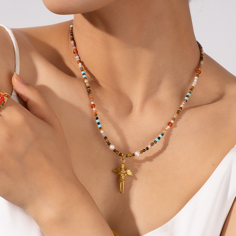 collar con colgante de tortuga de  de acero inoxidable color dorado y piedra natural para mujer h5Imagen6