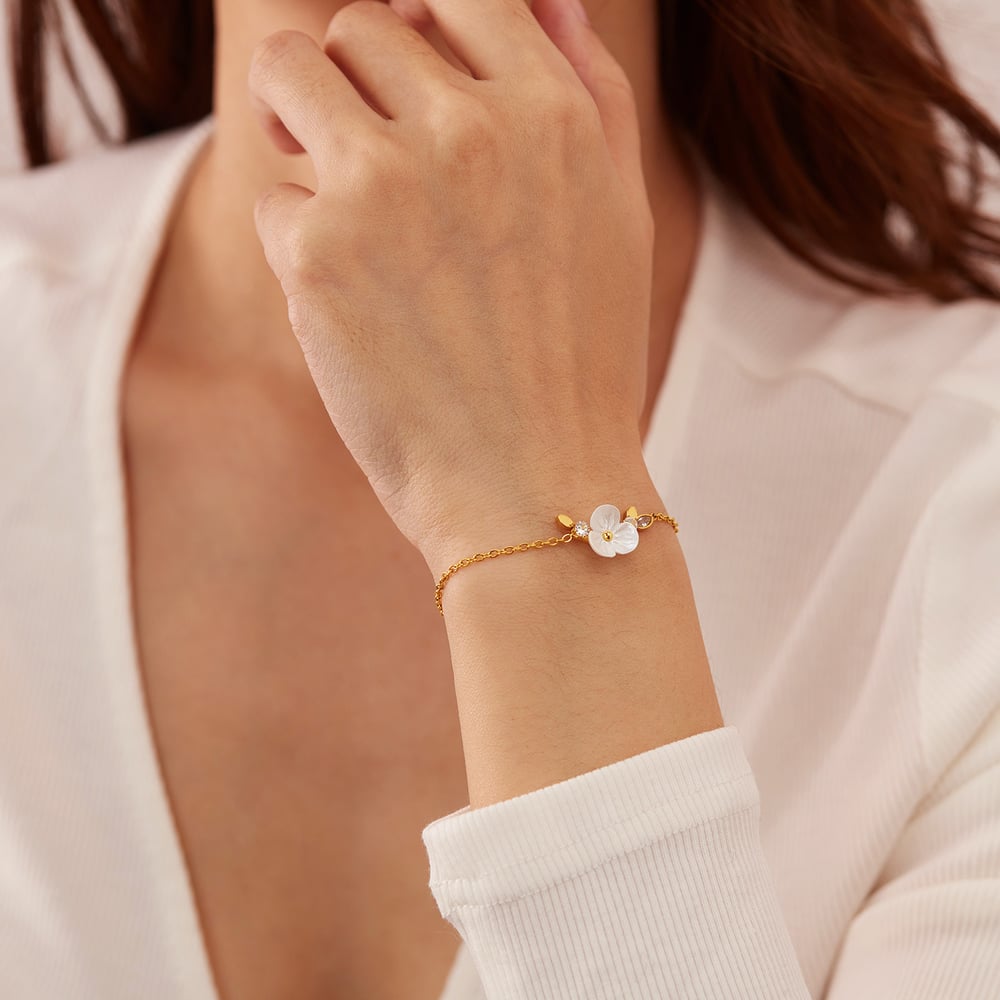 Pulsera de cadena de acero inoxidable color dorado con diseño de flores diarias de serie simple para mujer, 1 pieza h5Imagen6