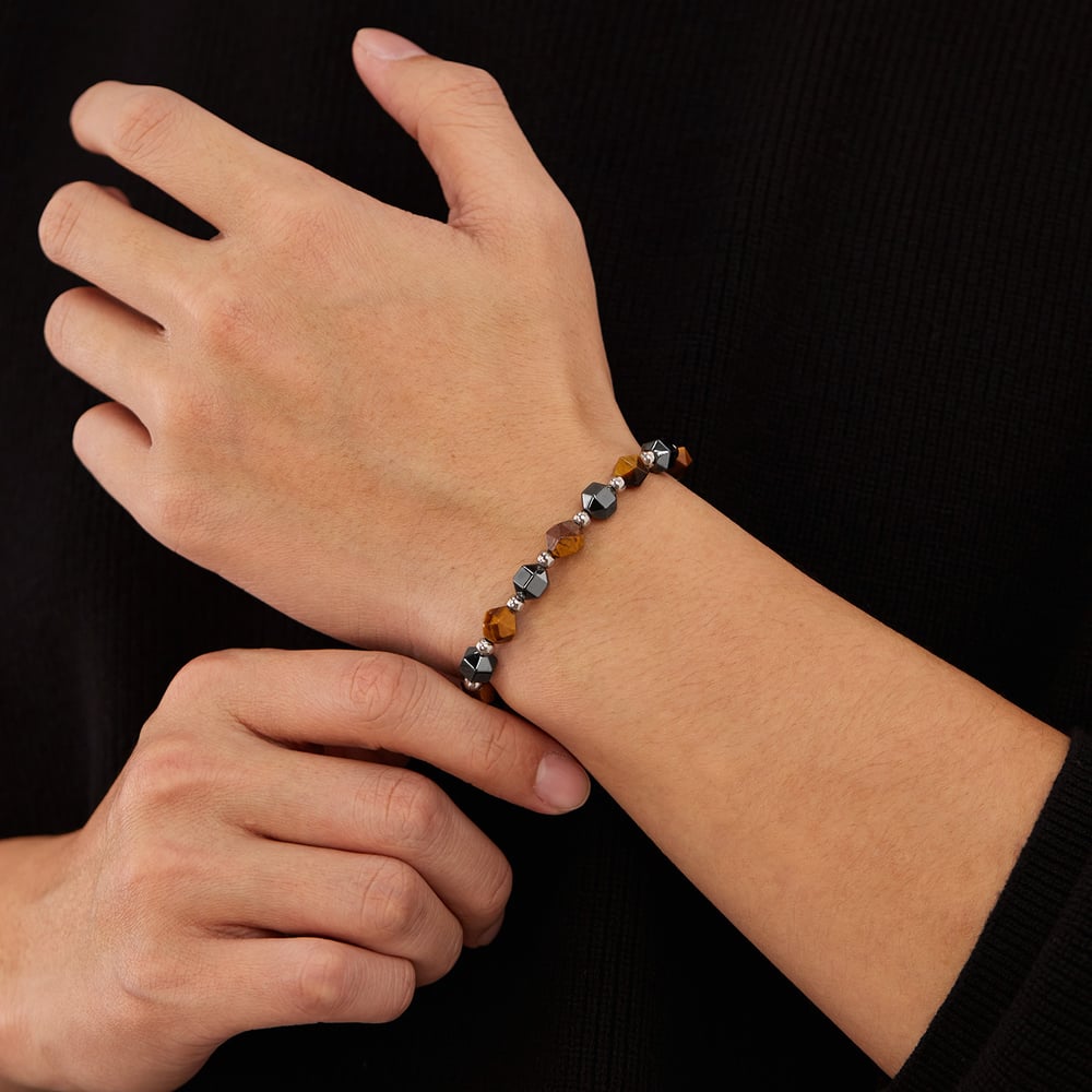 Pulseras de cuentas de hematita y ojo de tigre para hombre en acero inoxidable Imagen5