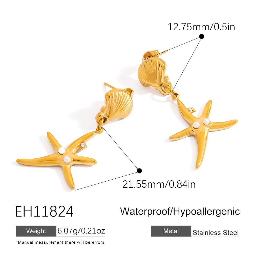 Retro Starfish Stainless Steel Gold Color Drop Earrings h5Picture2