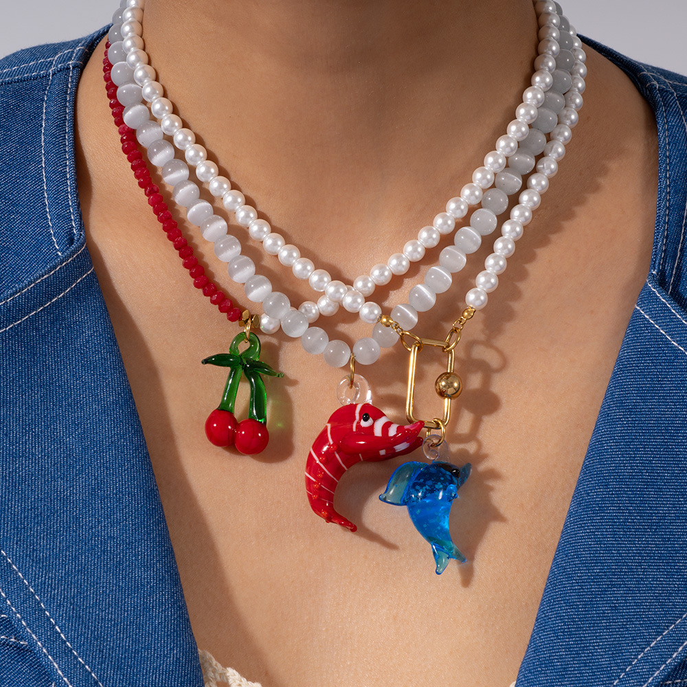 1 Piece Vivid Series Vacation Lobster Glass Stainless Steel Gold Color Women's Beaded Necklaces h5Picture3