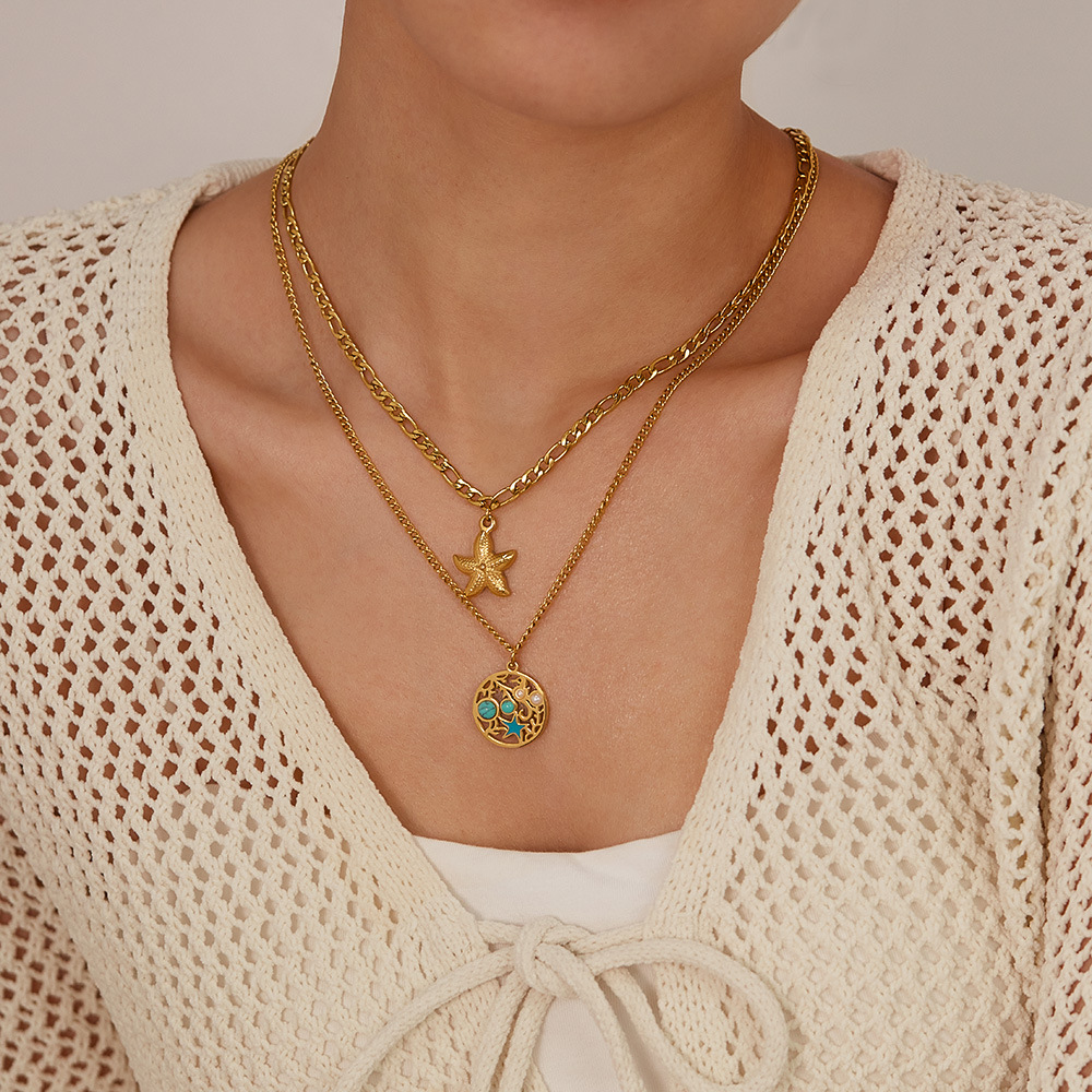 1 Piece Vacation Series Retro Starfish Stainless Steel Gold Color Women's Pendant Necklaces Picture5