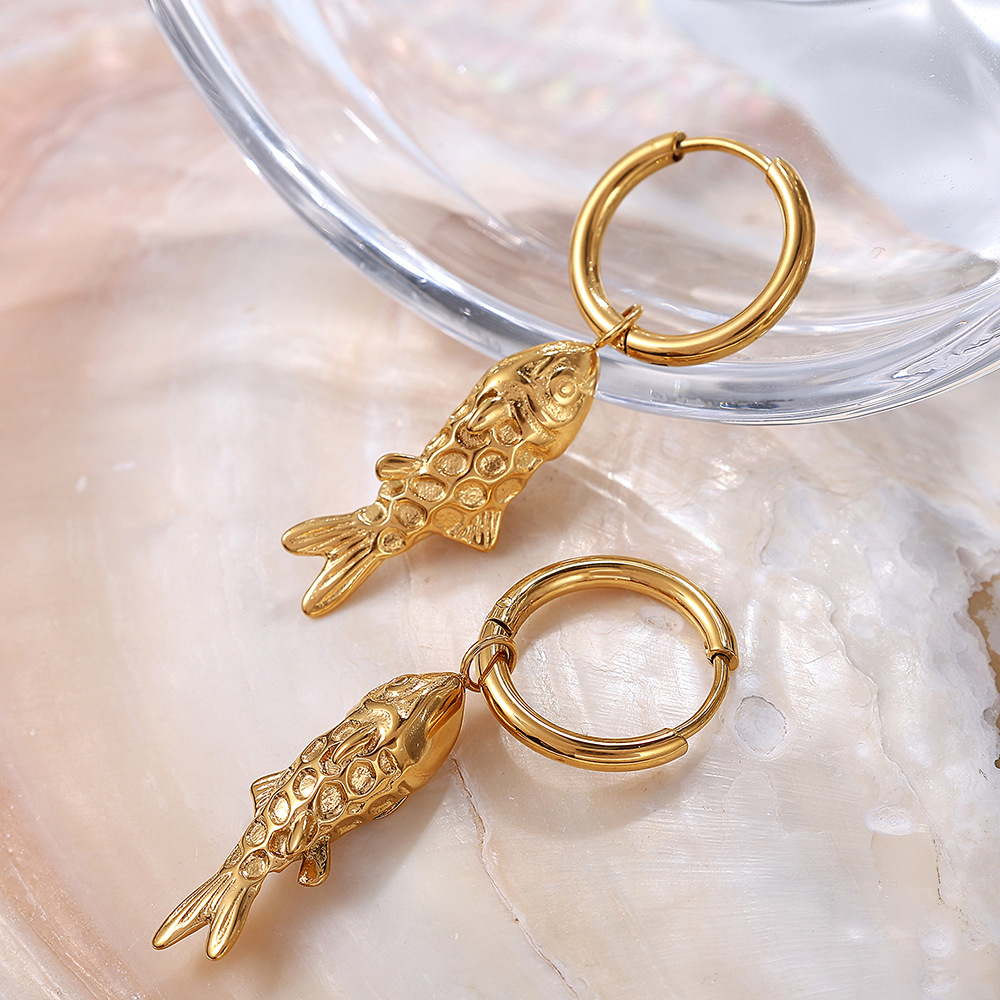 Retro Fish Stainless Steel Gold Color Drop Earrings h5Picture3