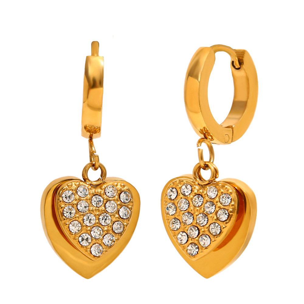 1 Çift Basit Seri Retro Kalp Paslanmaz Çelik Altın Rengi Zirkonyum Kadın Damla Küpe h5Resim7