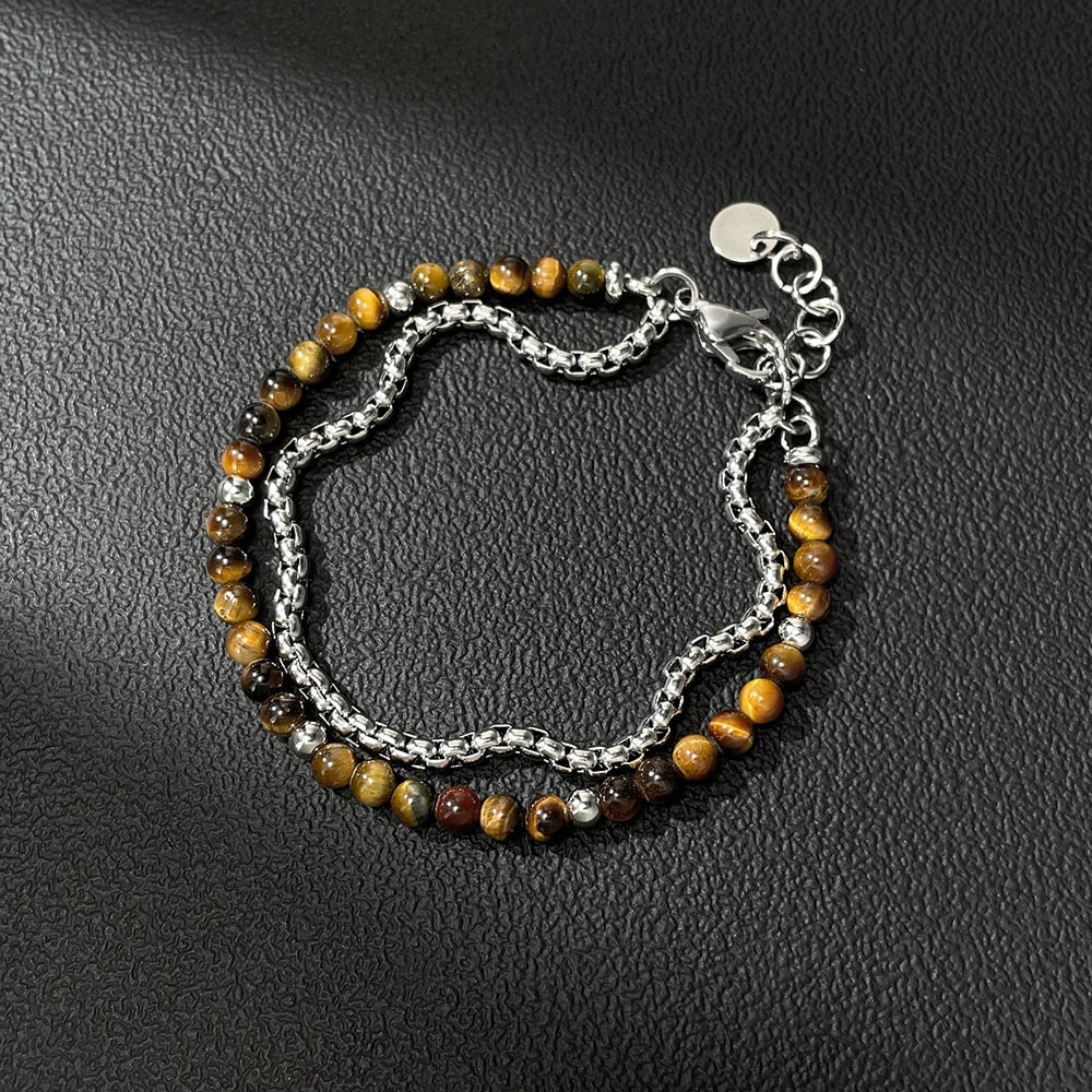 Pulseras de acero inoxidable para hombre con cuentas de piedra natural de doble capa Imagen5