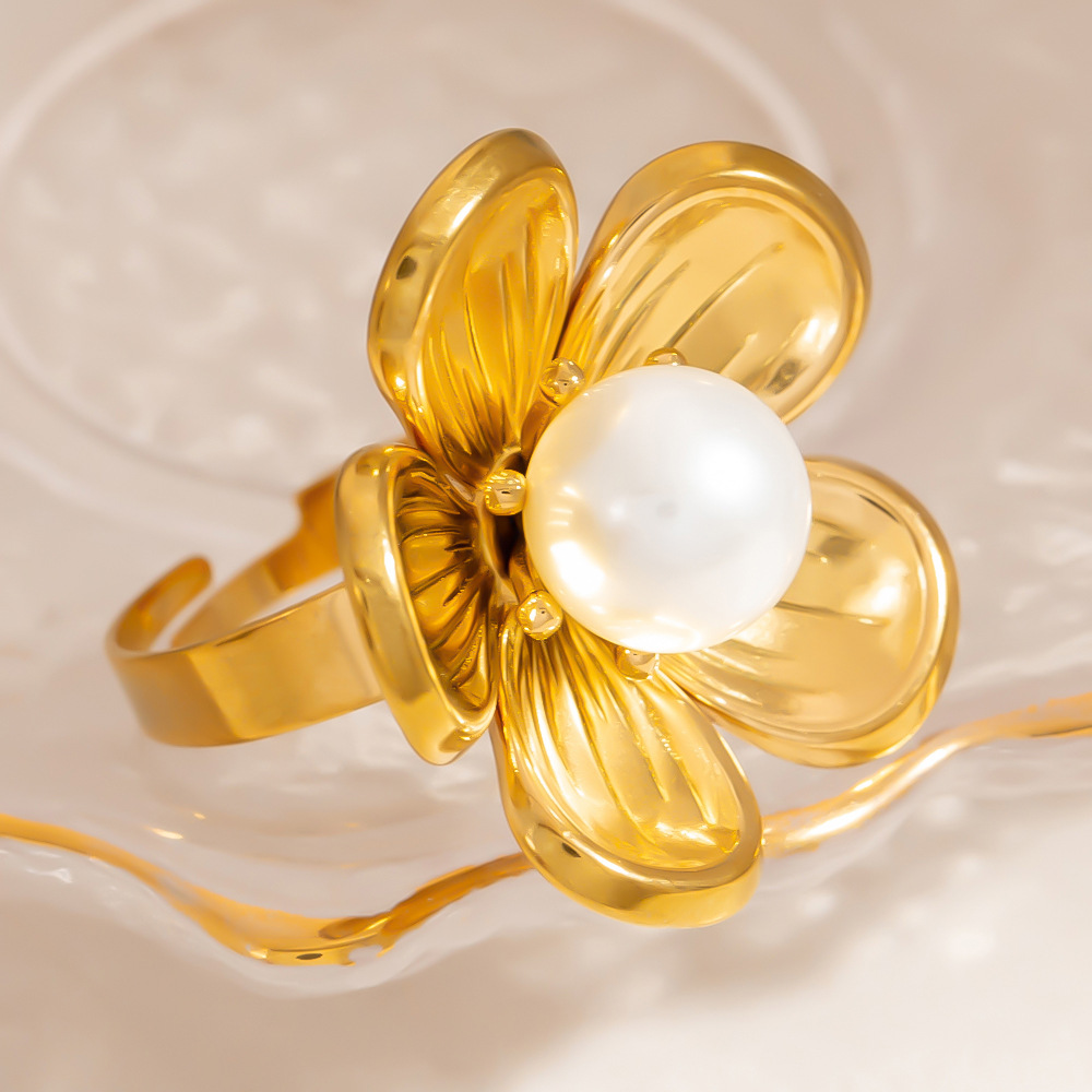 Flower Stainless Steel Gold Color Statement Ring h5Picture3