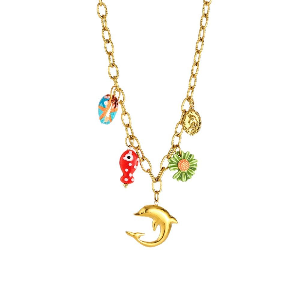 Collane con ciondolo da donna in acciaio inossidabile color oro con lisca di pesce, stile sofisticato per le vacanze h5Immagine6