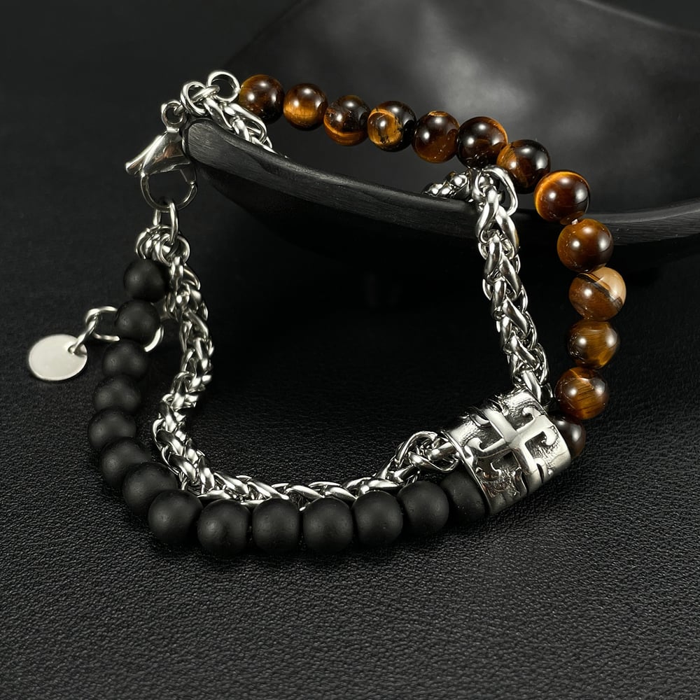 1 Adet Kaplan Gözü Taşlı Çift Katmanlı Paslanmaz Çelik Erkek Boncuklu Bileklik Resim3