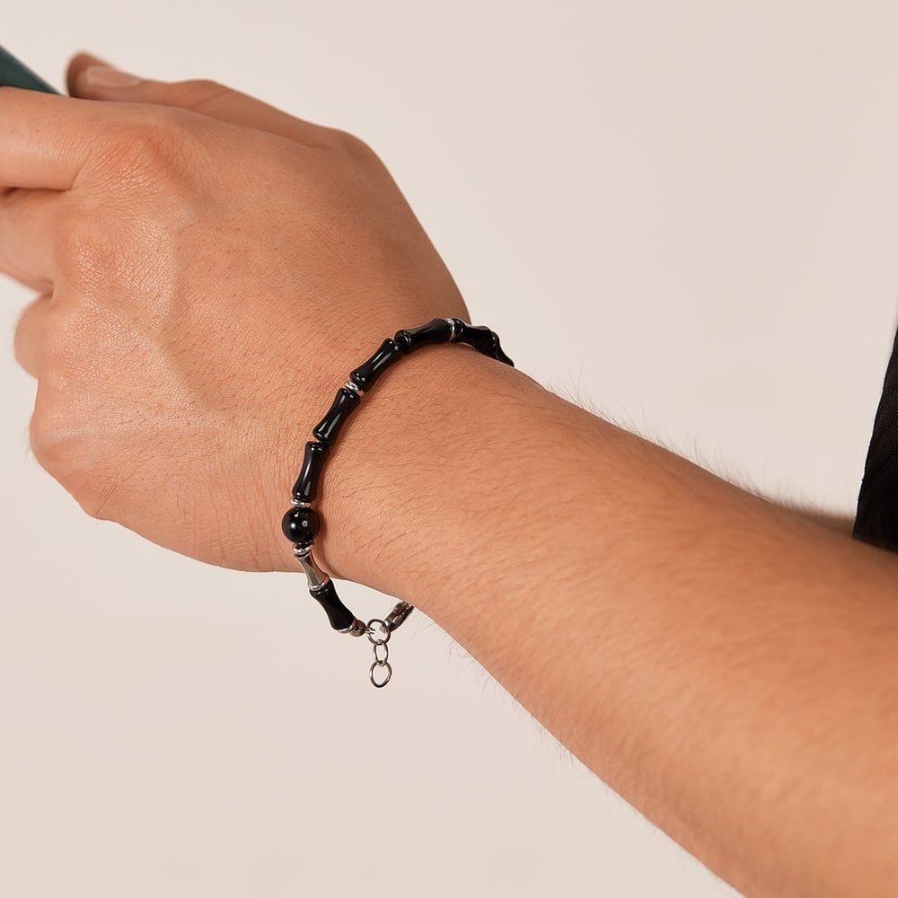 Siyah Akik Boncuk Paslanmaz Çelik Erkek Zincir Bileklikler Resim5