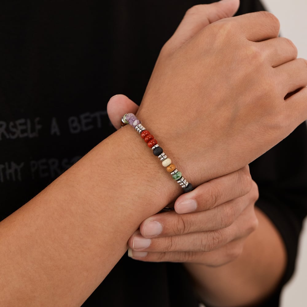 Pulseras de cuentas de acero inoxidable con piedra natural policromada para hombre Imagen5
