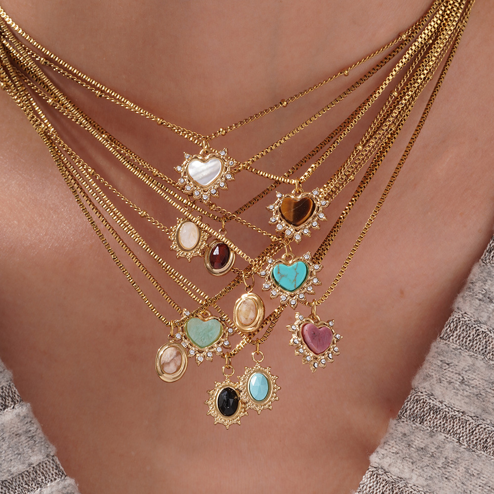 Radiant Heart Stainless Steel Gold Color Natural Stone Women's Pendant Necklaces Picture3