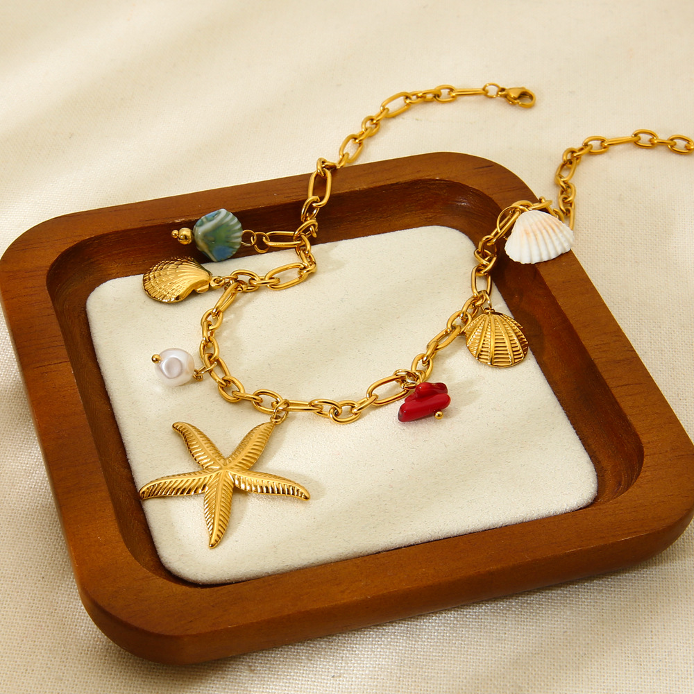 Collier avec pendentif en acier inoxydable, 1 pièce, motif étoile de mer et coquillage, élément océanique h5Image2