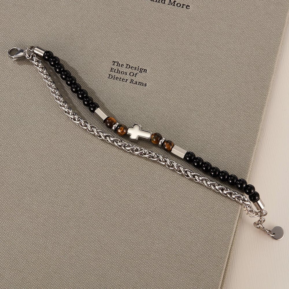 Pulseras de cuentas de acero inoxidable para hombre con cruz retro y ojo de tigre Imagen3