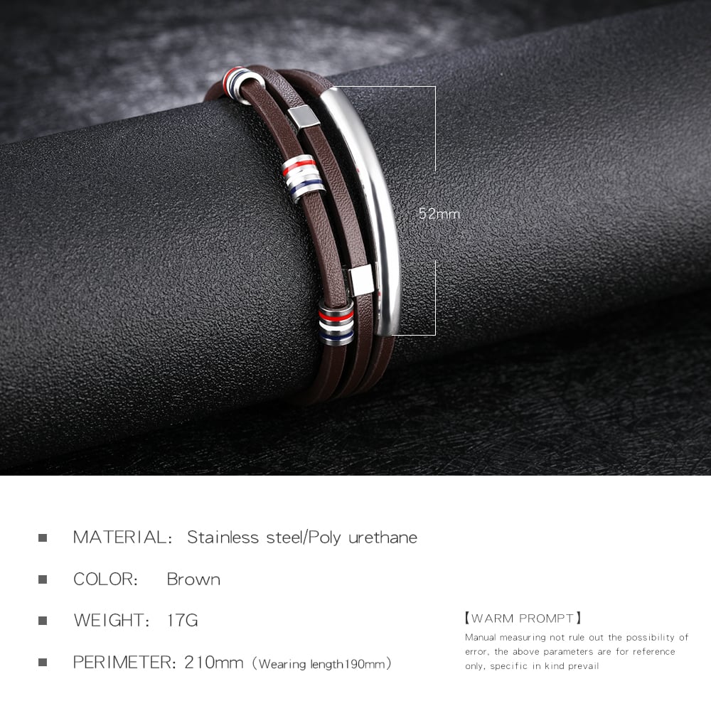Braccialetti da uomo in acciaio inossidabile multistrato in pelle semplice, 1 pezzo h5Immagine5