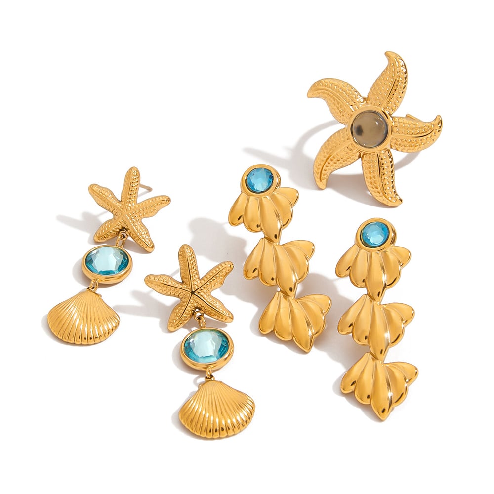 Starfish Stainless Steel Gold Color Dangle Earrings & Ring h5Picture5