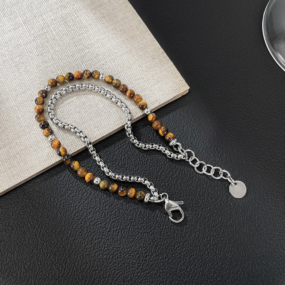 Pulseras de acero inoxidable para hombre con cuentas de piedra natural de doble capa Imagen4