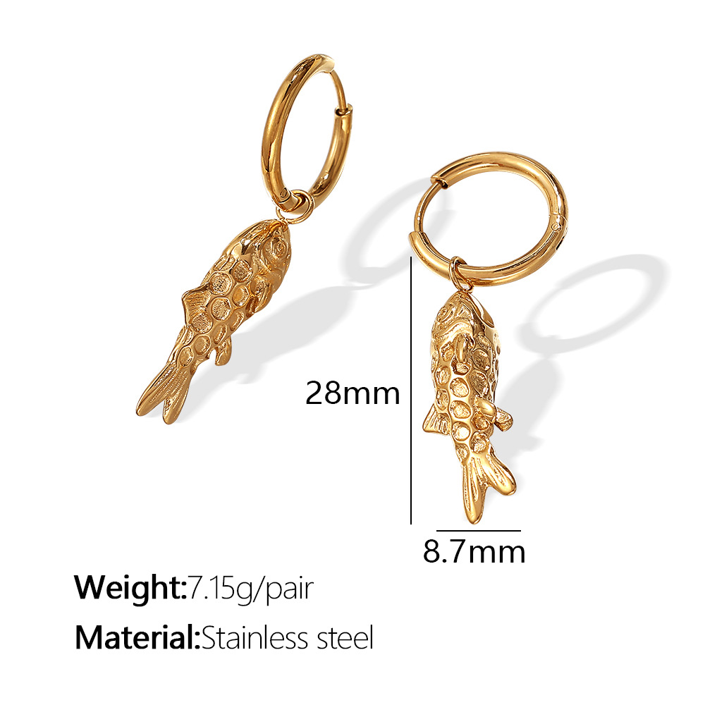 Retro Fish Stainless Steel Gold Color Drop Earrings