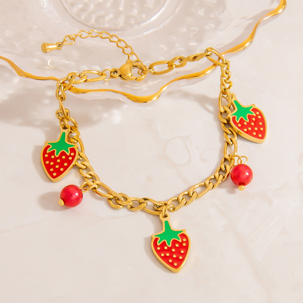 Yağ lekesi Sırlı Meyve Paslanmaz Çelik Altın Rengi Kadın Charm Bilezikleri h5Resim3