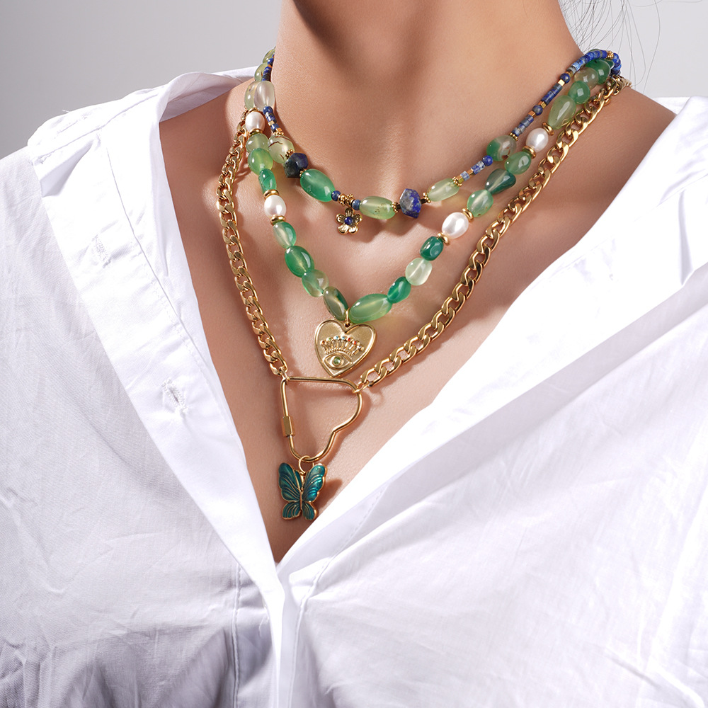 1 Piece Statement-making Series Natural Flower Stainless Steel Gold Color Green Natural Stone Women's Beaded Necklaces h5Picture4