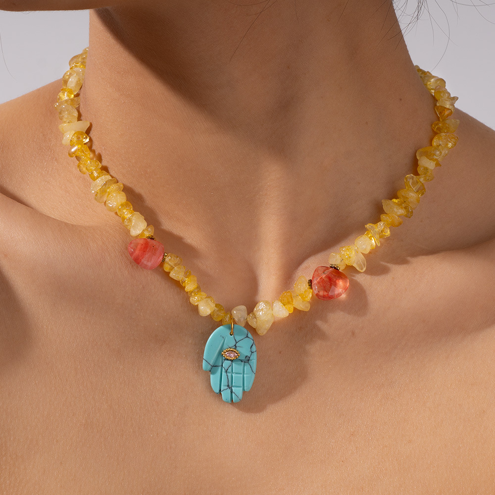 1 Piece Polychrome Series Bohemian Hand Shape Stainless Steel Gold Color Irregular Natural Stone Women's Beaded Necklaces h5Picture7