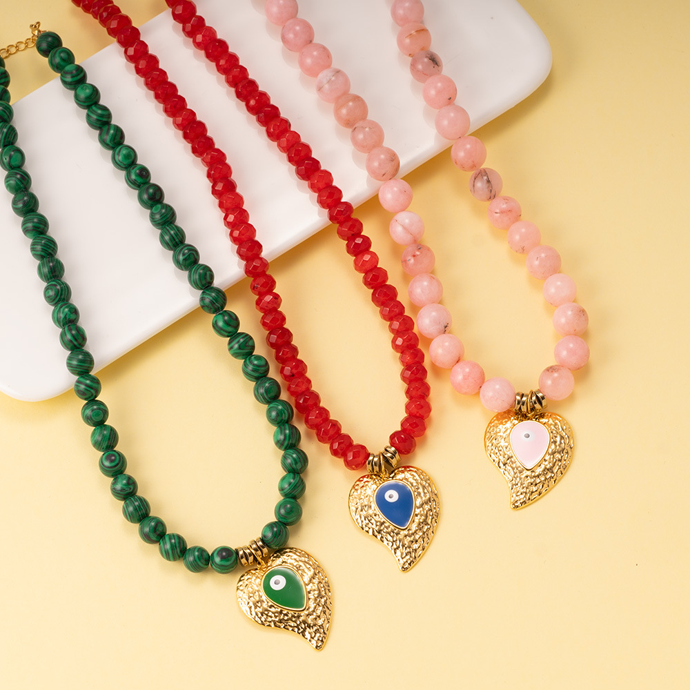 1 Piece Ethnic Series Bohemian Nature Stone Heart & Eye Patern Stainless Steel Gold Color Women's Beaded Necklaces Picture5