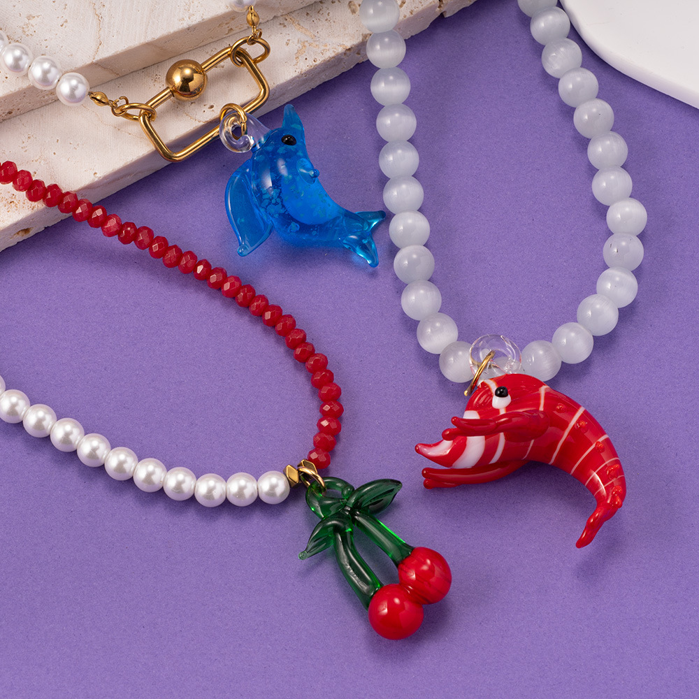 1 Piece Vivid Series Vacation Lobster Glass Stainless Steel Gold Color Women's Beaded Necklaces h5Picture5