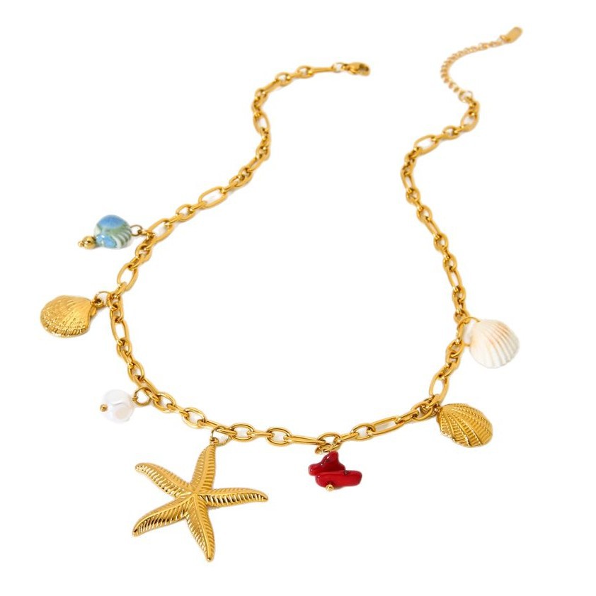 Collier avec pendentif en acier inoxydable, 1 pièce, motif étoile de mer et coquillage, élément océanique h5Image5