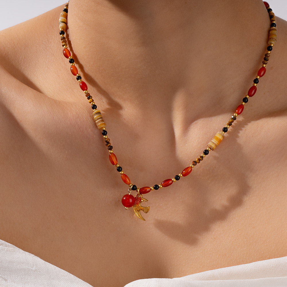 Classic Dove Stainless Steel Gold Color Natural Stone Women's Beaded Necklaces h5Picture4