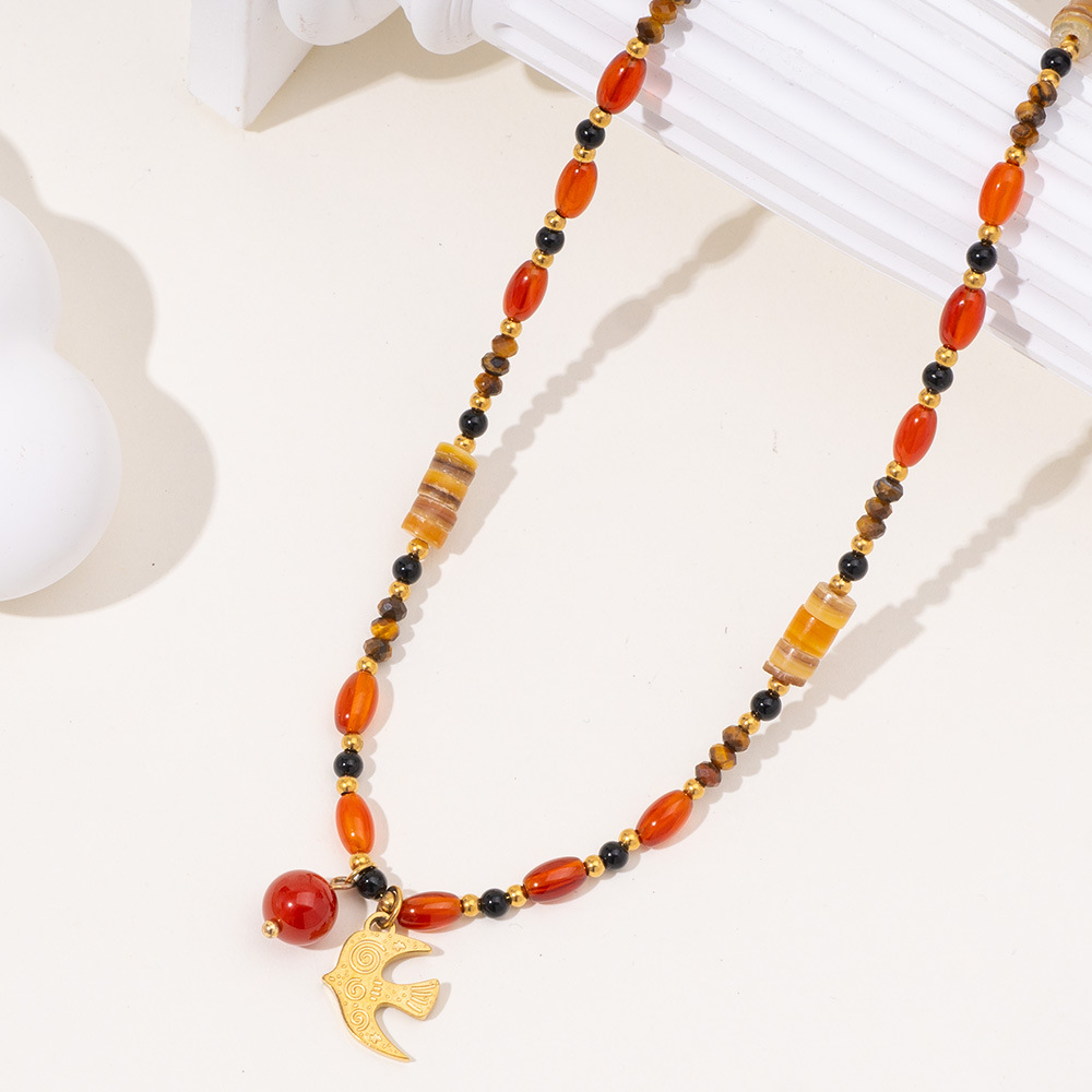 Classic Dove Stainless Steel Gold Color Natural Stone Women's Beaded Necklaces h5Picture3