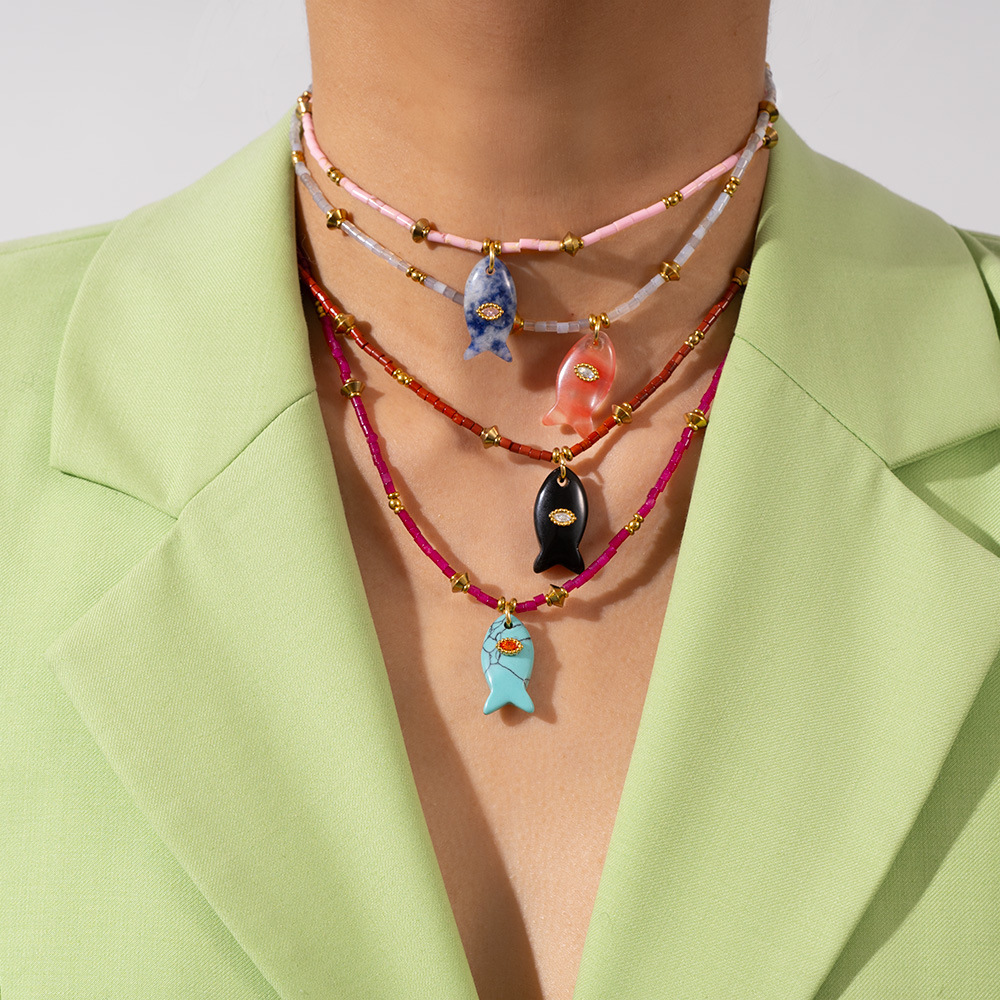1 Piece Polychrome Series Vacation Fish Stainless Steel Gold Color Natural Stone Women's Beaded Necklaces h5Picture3