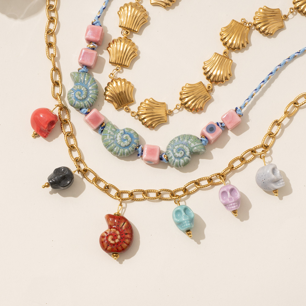1 Piece Marine Series Vacation Colorful Ceramic Conch Stainless Steel Gold Color Shell Women's Pendant Necklaces h5Picture5