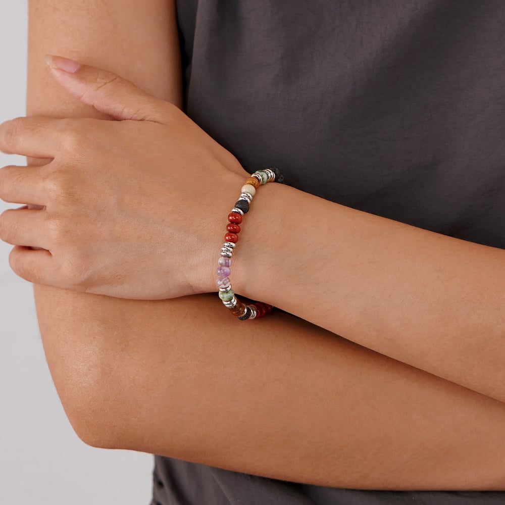 Pulseras de cuentas de acero inoxidable con piedra natural policromada para hombre Imagen4