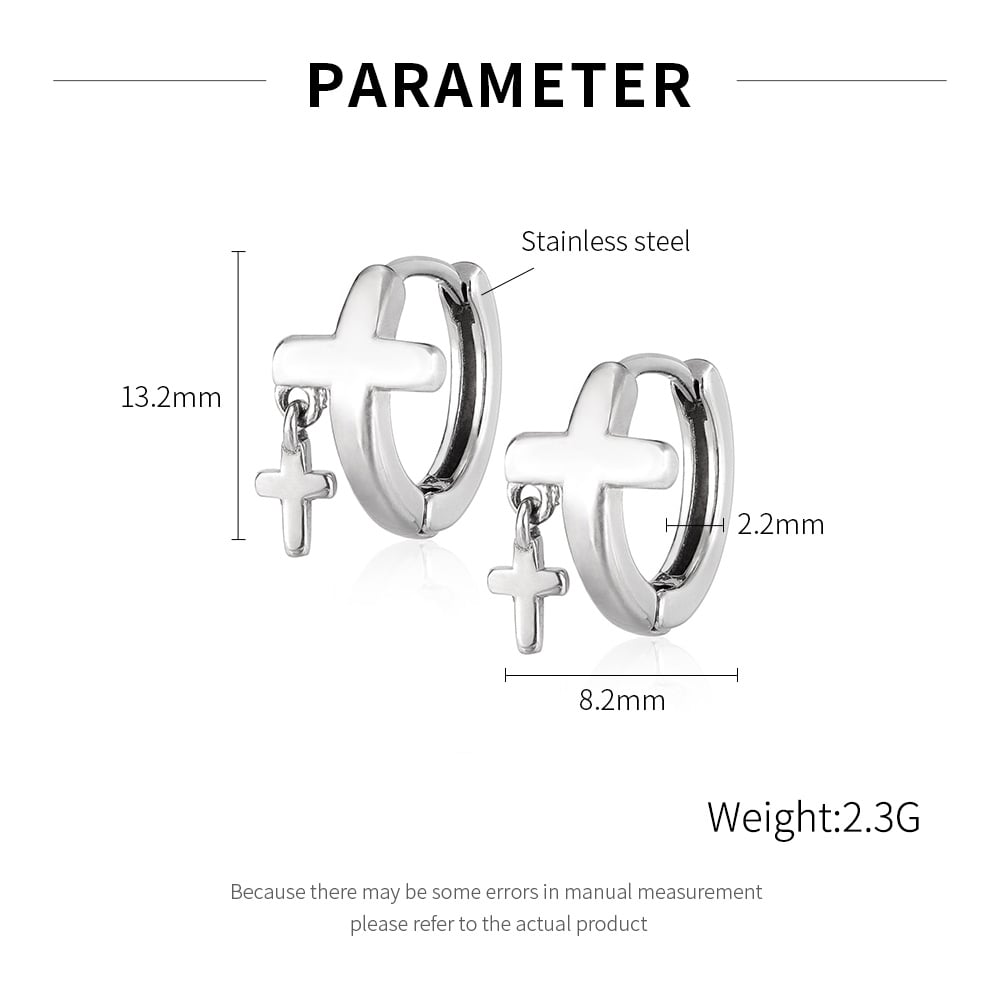 Orecchini a cerchio da uomo in acciaio inossidabile con croce moderna Immagine7