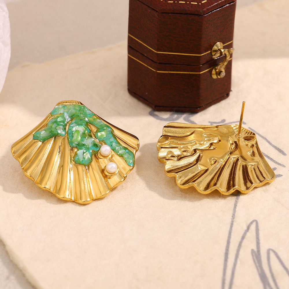 Ocean Collection Shell Altın Tonlu Paslanmaz Çelik Kadın Küpeleri h5Resim4