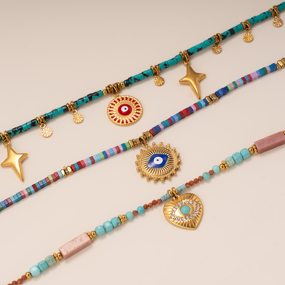 Polychrome Eye Stainless Steel Gold Color Women's Beaded Necklaces Picture3
